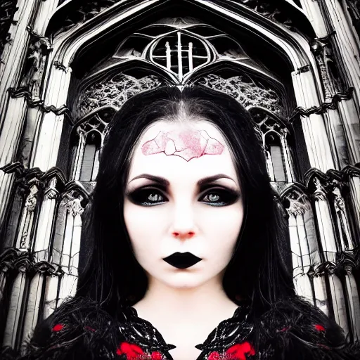 Image similar to gothic girl dressed in black, perfect face, macro head shot, behind her a gothic cathedral, perfect photo, no decaying lines, the windows of the cathedral are reflecting red flame lights, delicate mandala intricate ornaments