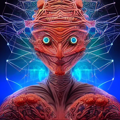 Image similar to Face of a Alien Deity, corals, circuitry, plume made of geometry, extremly detailed digital painting, sharp focus in the style of android jones, artwork of a futuristic artificial intelligence superstar with frames made of detailed circuits, mystical colors, rim light, beautiful lighting, 8k, stunning scene, raytracing, octane, under water visual distortion, dark tones colors, trending on artstation