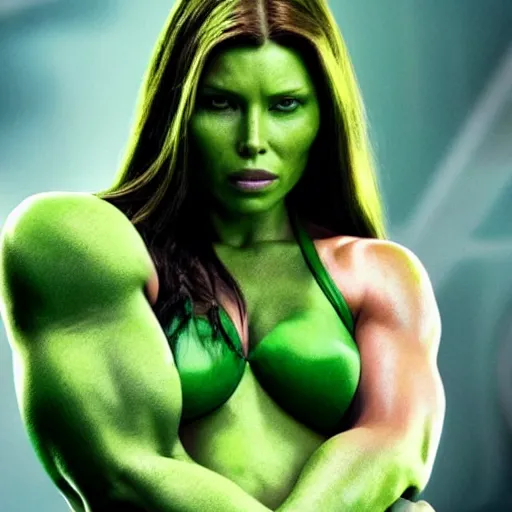 Image similar to jessica biel as green skinned hulk, gamora, she - hulk, green skin, muscular, bodybuilding woman, wheyfu, movie still