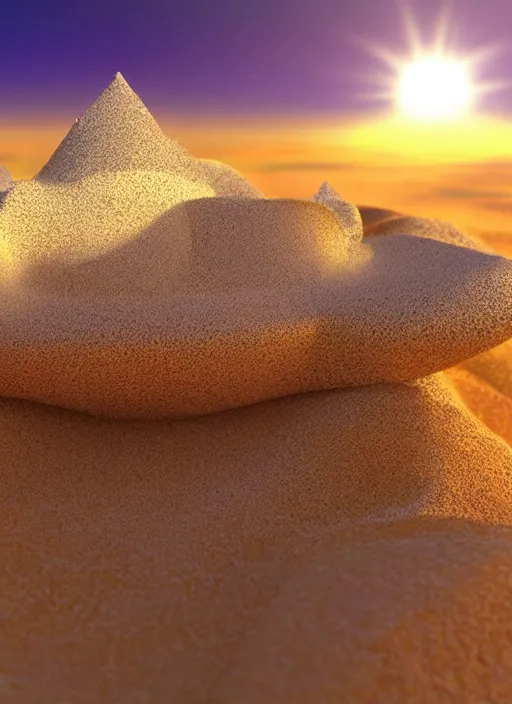 Prompt: rising sun white subtle dawn purple gold god rays clouds sand gold salt crystals sharp detail 3d render simple background graphic ultra simplified fai khadra gaika style