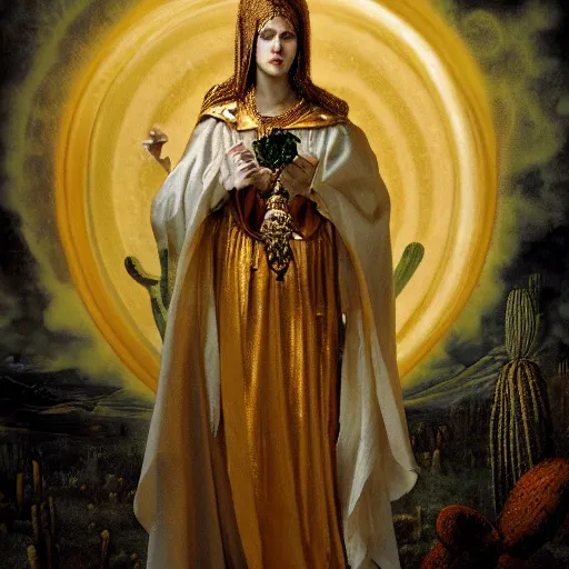 Prompt: golden metalic skeleton female saint with warm backlight in a full body saint pose wearing white and black catholic virgin robe with cactus aureola on head, holding a rose. background: whirlpool of clouds forming a ring. sunset light. beneath, barren land with serpents. apocalyptic. low angle. rembrandt style