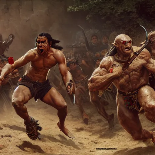 Image similar to Our Protagonist, a Dark Skinned Orc Barbarian Adventurer, winning in a foot race against soldiers mounted on Velociraptors, Aztec Coliseum, Oil Painting, hyperrealistic, octane render, Detailed Digital Art, RPG scene, William-Adolphe Bouguereau, Michael Cheval, dynamic lighting, Highly Detailed, Cinematic Lighting, 8k, HD