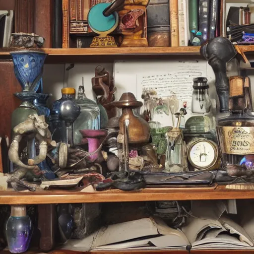 Image similar to the cluttered desk of a potion master