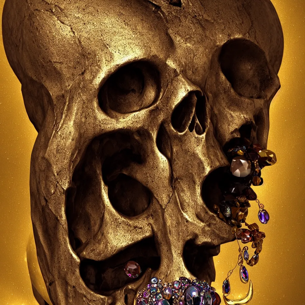 Image similar to Photorealistic epic egyptian god face close up portrait human skull, ram skull, jackal skull, gold, gemstones, gems, jewels. ominous, ancient magic, scary intricate artwork by Tooth Wu and beeple and Jake Baddeley. octane render, trending on artstation, greg rutkowski very coherent symmetrical artwork. cinematic, hyper realism, high detail, octane render, 8k