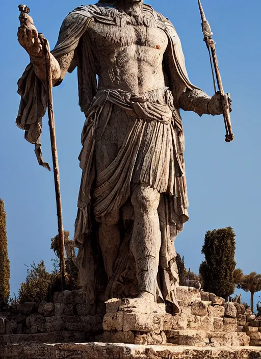 Prompt: colossal statue of an old king at the entrance of an ancient greek harbor, greg rutkowski, 8 k, shallow depth of field, intricate detail, concept art,