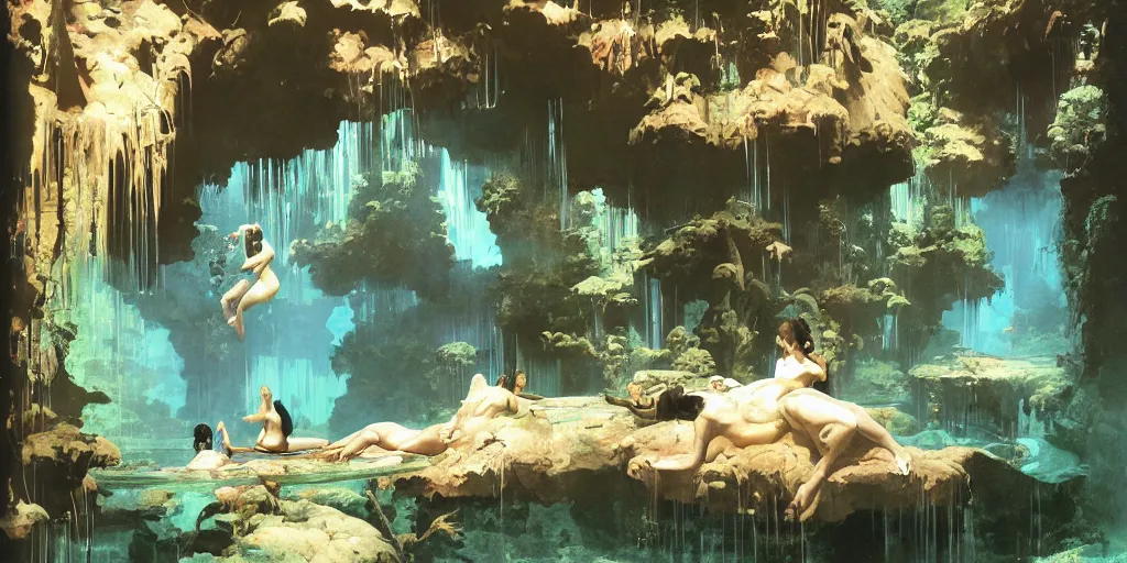 Image similar to a tropical cave that renovate as a luxury interior as several beautiful women bathe in the waters by syd mead, frank frazetta, ken kelly, simon bisley, richard corben, william - adolphe bouguereau, detailed sci - fi architectural concept art