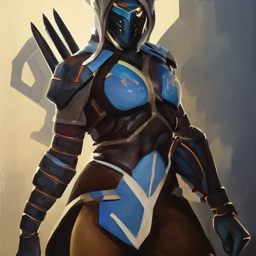 Image similar to greg manchess portrait painting of partially armored jade from mortal kombat wearing a half mask as overwatch character, medium shot, asymmetrical, profile picture, organic painting, sunny day, matte painting, bold shapes, hard edges, street art, trending on artstation, by huang guangjian and gil elvgren and sachin teng