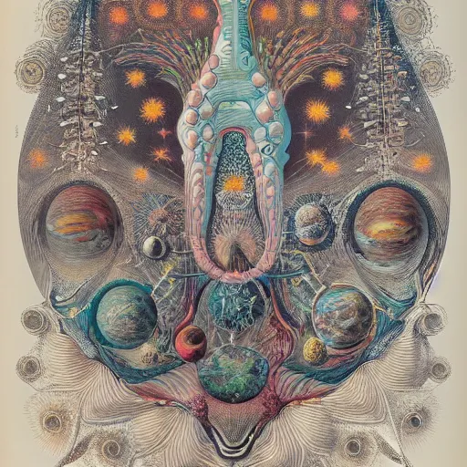 Prompt: Liminal space in outer space by Ernst Haeckel, colorized