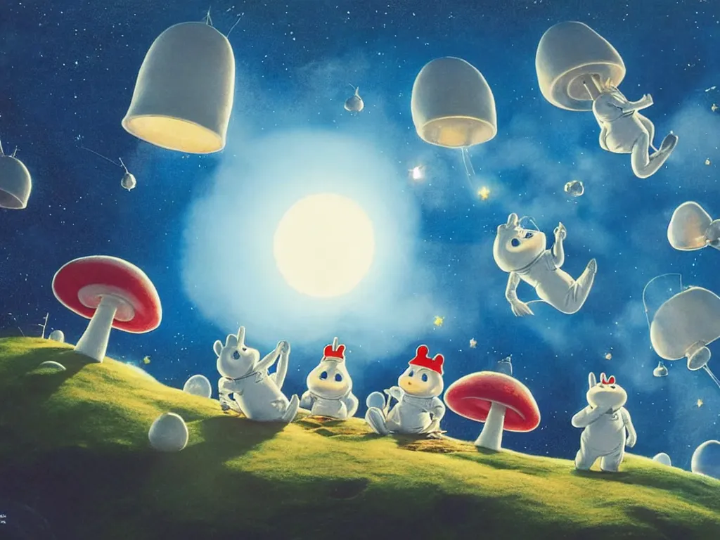 Prompt: moomins in space suits flying around with jetpacks discovering the mushroom planet, photorealistic painting, cgi, low volumetric light, movie still, very cute and cozy and fluffy and sweet