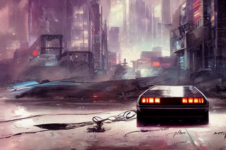 Image similar to photograph of the delorean, with a sleek spoiler, driving down the streets of a cyberpunk abandoned city, by greg rutkowski, by stanley artgerm, by alphonse mucha