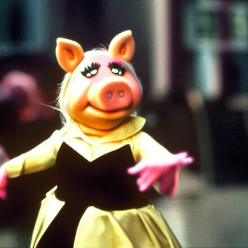 Prompt: Miss Piggy as Trinity in The Matrix (1999) action bullet time, leather outfit, explosions scene from movie