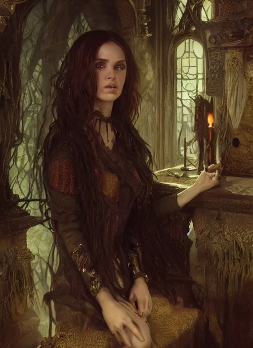 Image similar to inside covens den, diffuse lighting, fantasy epic, hdrp smoke, intricate facial detailing, highly detailed, lifelike, photorealistic, digital painting, artstation, unreal 5, concept art, smooth, sharp focus, art by john collier and albert aublet and krenz cushart and artem demura and alphonse mucha