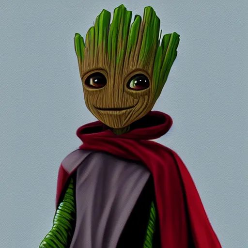 Prompt: Groot wearing Jedi robes, digital painting