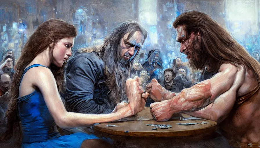 Image similar to arm wrestling between ( vladimir putin ) and ( ( ( a young pretty girl with long hair and blue eyes ) ) ), hyperrealistic, digital concept art, caricature illustration, violent. horror. art by gaston bussiere and greg rutkowski in yelow and blue color