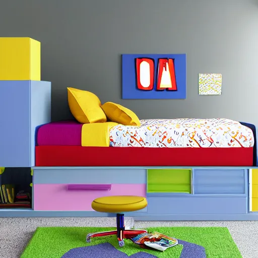 Prompt: award-winning colorful modern boy's room catalog photo. single bed. A single window illuminates the bed and the desk.