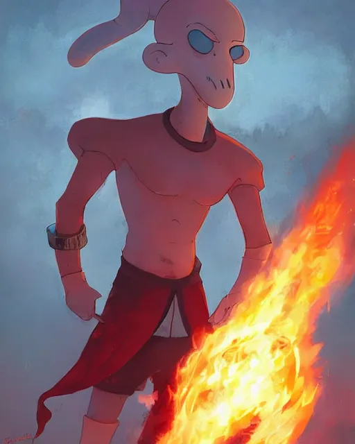 Prompt: squidward wearing fire nation clothing and practicing firebending outside at susnset, [ [ [ [ [ [ [ [ greg rutkowski ] ] ] ] ] ] ] ]