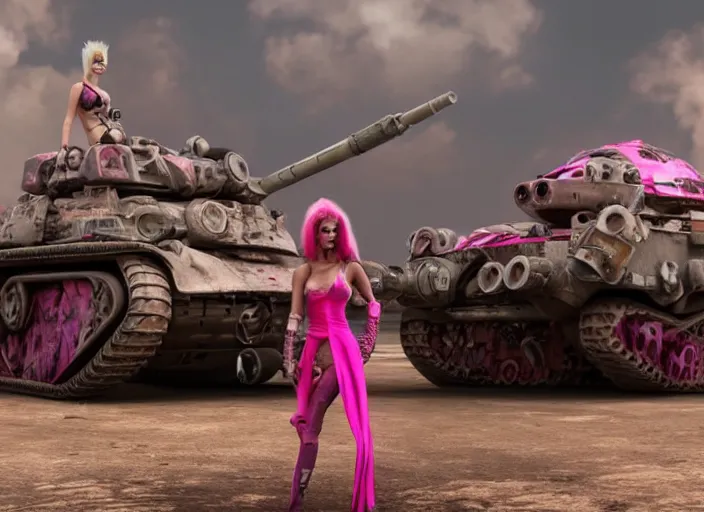 Image similar to beautiful apocalyptic woman with pink Mohawk, posing on mad max panzer tank, 4k ultra hd, fantasy dark art, artstation, octane render