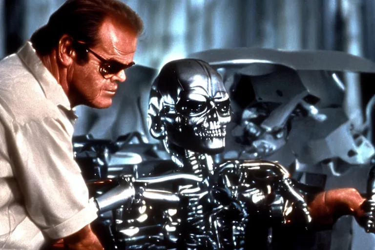 Image similar to Jack Nicholson plays Terminator, scene where his endoskeleton gets exposed, still from the film