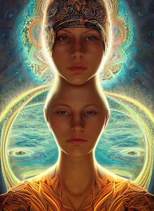 Prompt: portrait ultra dimensional cult woman shaman, enlightenment tripping on dmt, psychedelic experience, ultra high definition, unreal engine 5, hyperrealism, masterpiece composition, single person, by michael parkes, casey weldon, barclay shaw