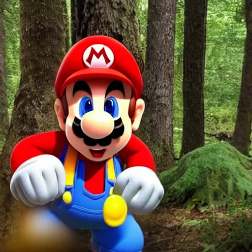 Image similar to real life photograph of Super Mario in the woods, discovering a bright red and white mushroom, his face is filled with extreme surprise, 4K award winning photography