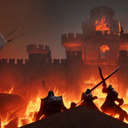 Image similar to medieval knights sieging an org castle while surrounded by fire and angry , Fantasy Apocalypse, MMO, Digital Art, 8k, Unreal Engine 5