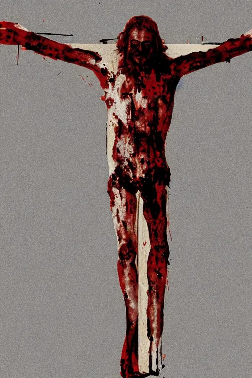 Image similar to bloody christ crucified looking like a big mushroom painted in black and white by cy twombly and andy warhol