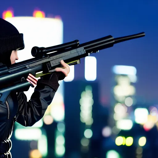 Prompt: photographic portrait of a techwear woman holding a shotgun, closeup, on the rooftop of a futuristic city at night, sigma 85mm f/1.4, 4k, depth of field, high resolution, full color, Kill Bill, John Wick, Die Hard, movies with guns, movie firearms