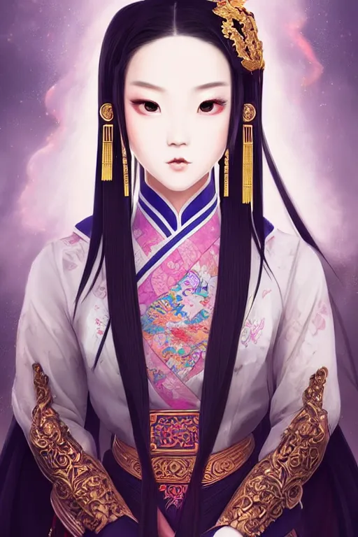 Image similar to a lovely and shiny young empress of qing dynasty, face by artgerm, ross tran, fuji choko, loish, 8 k resolution, attractive, symmetrical portrait, beautifully detailed landscape of ruin, trending on pixiv and pinterest, charming black eyes, luxury, perfect face, smooth, dreamlike