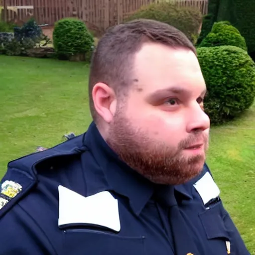 Prompt: clean - shaven chubby chubby chubby 3 2 year old caucasian man from uk. he is wearing navy police sweater and necktie and black boots and police helmet. he is making a youtube apology video