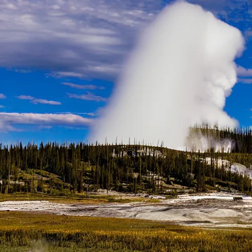 Prompt: in the heart of yellowstone lies a churning cauldron of bubbling hot springs and gushing geysers. above it all looms the mighty peak of old faithful, the most famous geyser in the world. tourists come from all over to witness the otherworldly beauty of this natural wonderland.