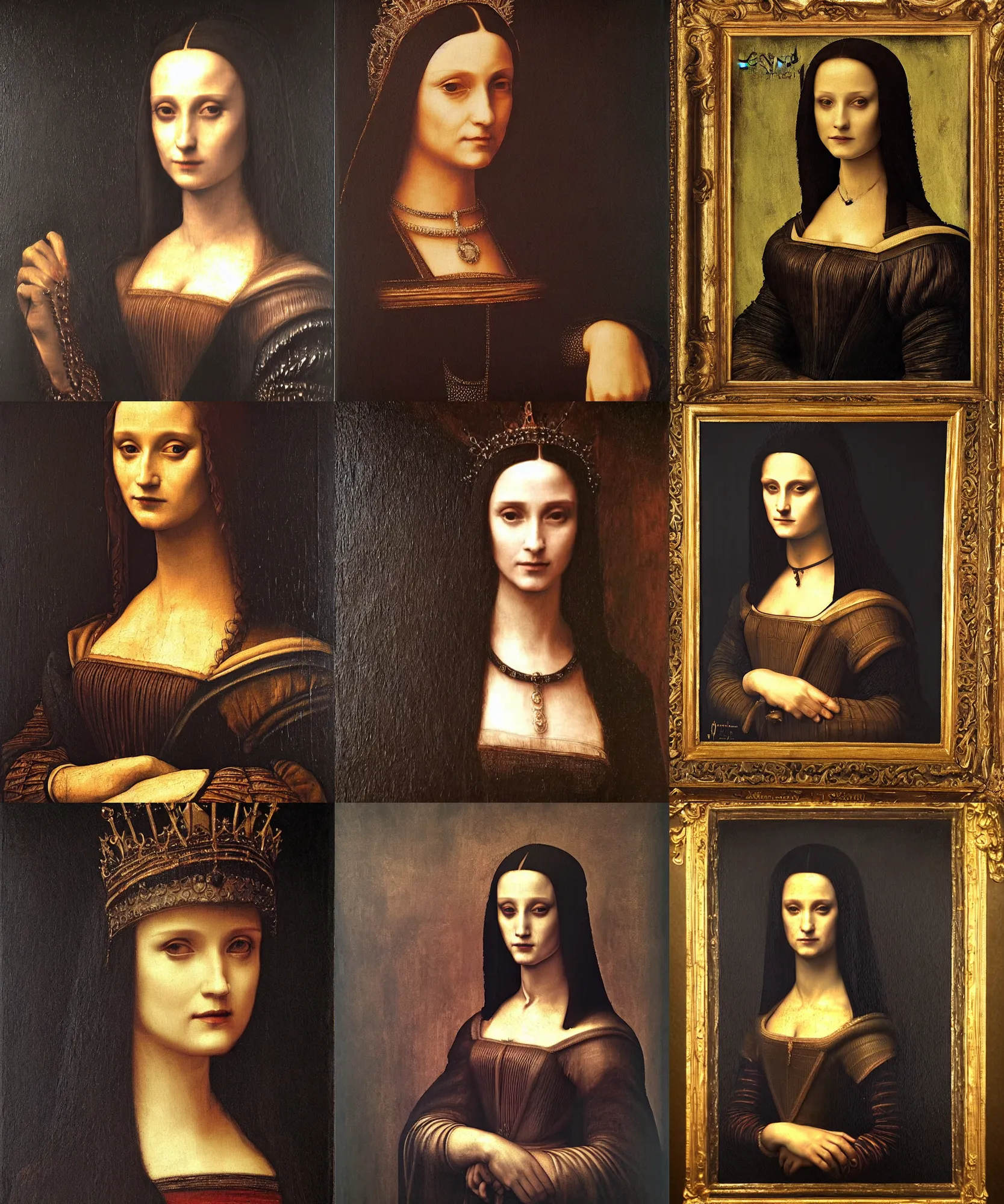 Prompt: The portrait of Lady in black wax crown by Leonardo da Vinci , dark fantasy, witcher, very detailed oil painting, masterpiece, 8k