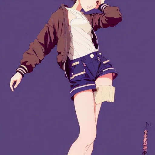 Image similar to a beautiful! boyish! natalie portman alluring gravure! model, wearing oversized mayan bomber jacket and leotard with overalls, bulky poofy bomber jacket with mayan patterns, aztec street fashion, gapmoe yandere grimdark, painted by greg rutkowski makoto shinkai takashi takeuchi studio ghibli, akihiko yoshida