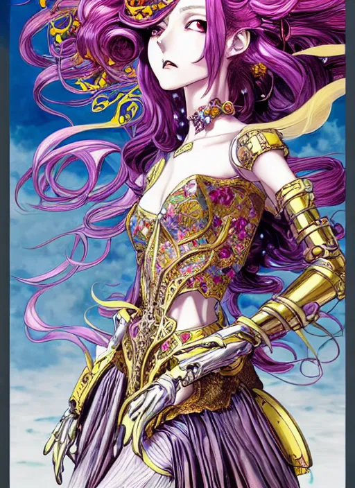 Image similar to exquisite imaginative fate manga poster of princess mechine, long curl hair, art nouveau, armor, ruffles, fluorescent, illustration, artstation, dark fantastic, highly detailed, 8 k, maximalist, by katsuhiro otomo, shigenori soejima, minaba hideo, jump comics