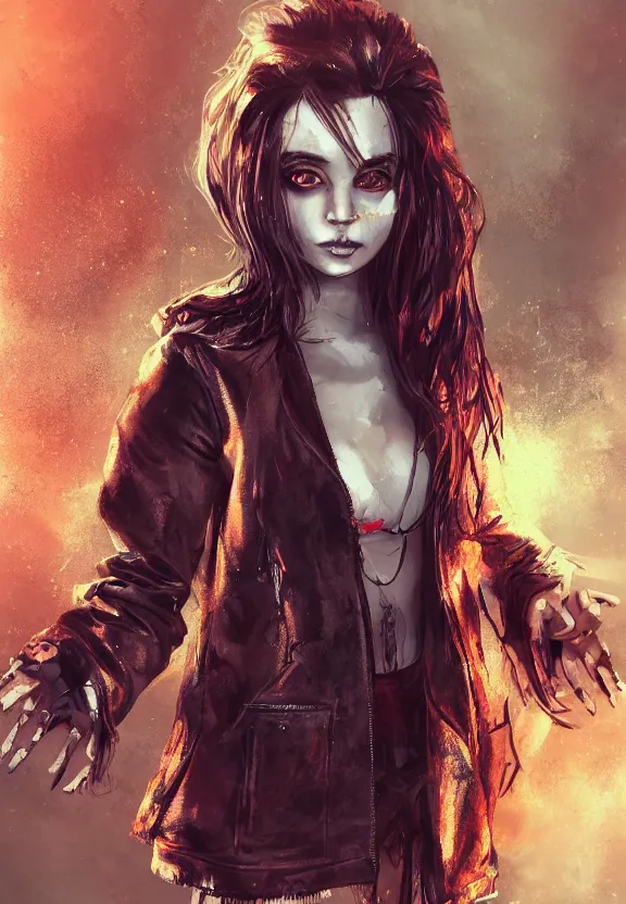 Image similar to full body photography digital illustration of a girl with eyes that burn like cigarettes wearing a short skirt and a long jacket with fingernails that shine like justice, dramatic lighting, photorealistic, full body portrait, detailed anatomy, extreme detail, 4 k, colorful, artgerm and ben lo, detailed face, f / 2. 8