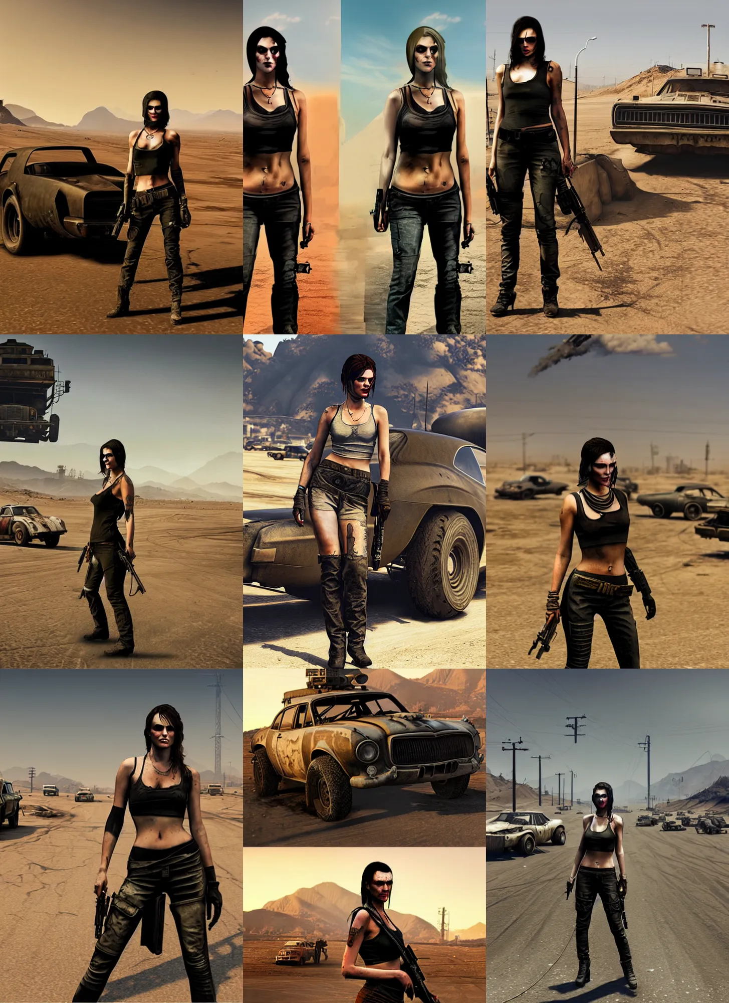 Prompt: gtav style matte painting of a female mad max with a beautiful face, in a dystopian world, full body concept