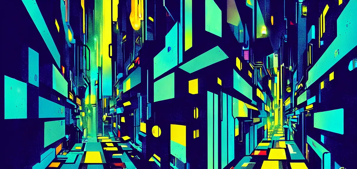 Image similar to post - minimalism, cyberpunk, abstract, slight cubism influence, bladerunner alley, iridescent, comic