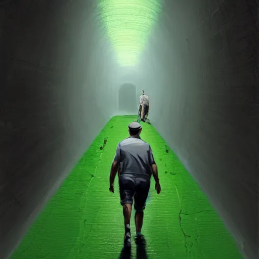 Prompt: A man in shorts and baseball cap walks down a very long, high walled tunnel, green floor, long shaddow, his back is turned, highly detailed, digital painting, artstation, concept art, smooth, sharp focus, illustration, art by greg rutkowski