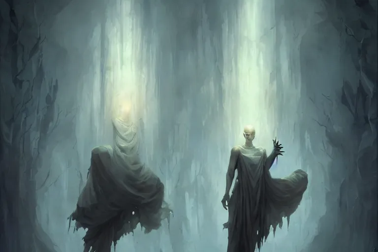 Prompt: a humanoid creature with pale white skin and a gaunt face. the creature is bald and its eyes are shining, emitting sunlight. it is wearing a black flowing cloak that looks like mist. art by peter mohrbacher.