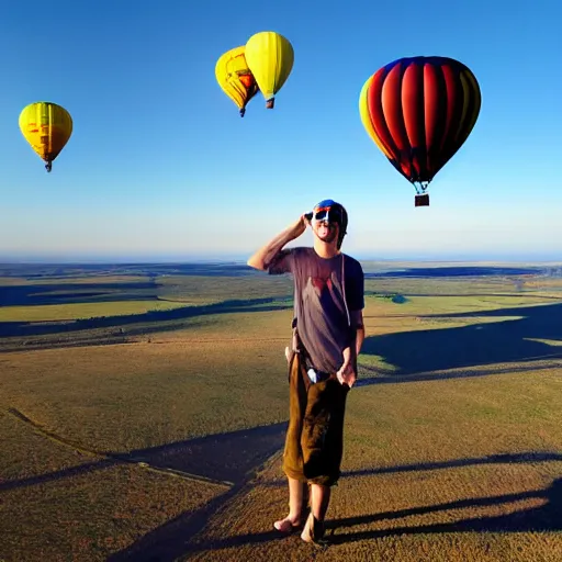 Image similar to smiling hippy squints into the sunlight horizon, hot air balloon ride, flying camp, camp gear, hippy belongings, a old guitar, cozy place, flying high, aerial view, gradient aperture