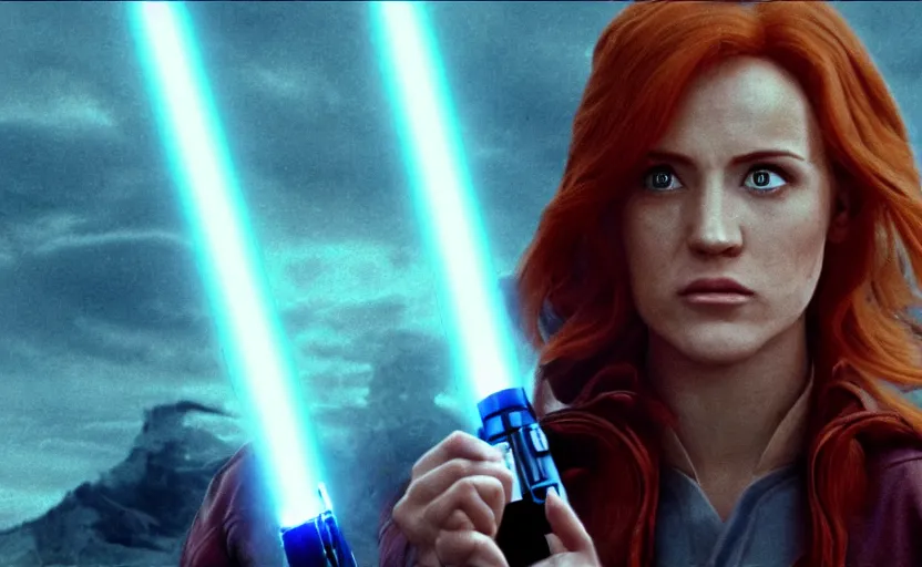 Image similar to screenshot of Jedi Mara Jade, played by the beautiful Julian Moore, holding a blue lightsaber in right hand, iconic scene from 1980s film by Stanley Kubrick, 4k, windy hair, cinematic still frame, surreal sci fi set design, photoreal, detailed face, moody storm lighting, stunning cinematography, hyper detailed, sharp, anamorphic lenses, kodak color film stock