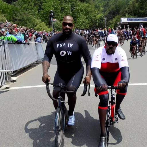 Prompt: obese r kelly and kanye west cycling the tour the france