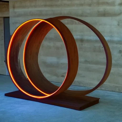 Image similar to circle shaped sculpture, curves, wood, colored lights, portal