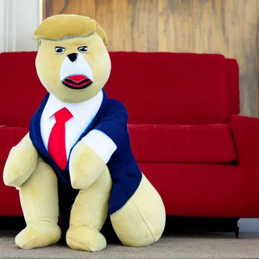 Prompt: a plush Donald Trump being chewed by a dog