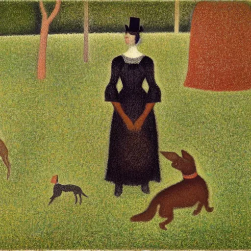 Image similar to a woman and her black and brown chihuahua in a park by georges seurat