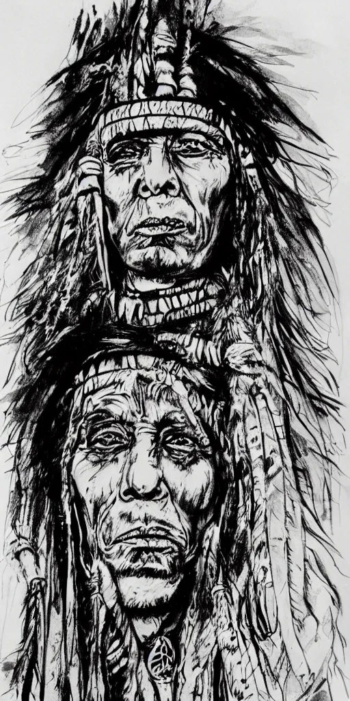 Prompt: a loose wild messy ink sketch portrait of a Native American shaman in the style of ralph steadman, caricature, dramatic