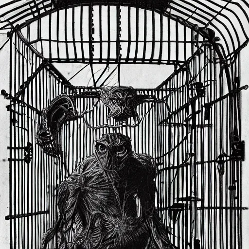 Image similar to creature locked in a cage being studied by scientists in a warehouse, 1 9 2 0's sci - fi, black and white, 8 k, highly ornate intricate details, extreme detail,