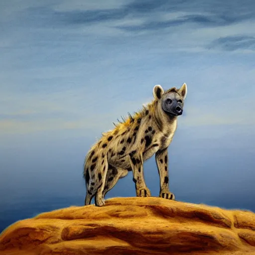 Image similar to concept art of an hyena standing on a rock looking out the horizon of the savana, realism, drawing