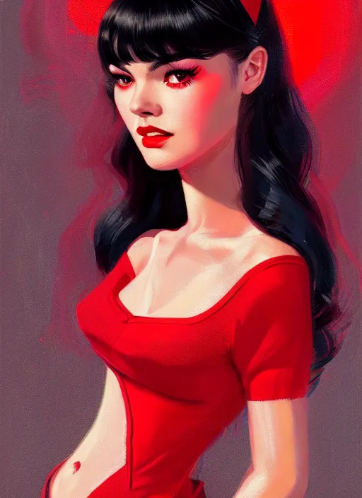 Image similar to portrait of veronica lodge with bangs, 1 9 6 0 s, long hair, red clothes, bangs, intricate, elegant, glowing lights, highly detailed, digital painting, artstation, concept art, smooth, sharp focus, illustration, art by wlop, mars ravelo and greg rutkowski