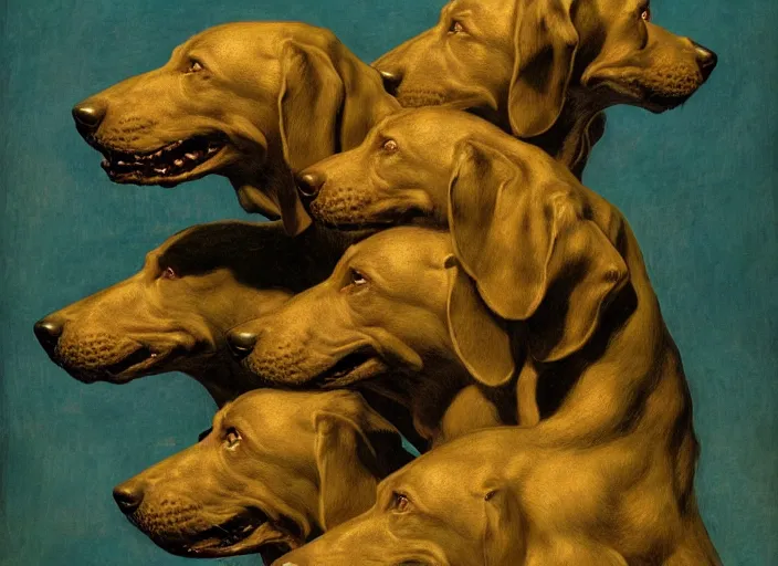 Image similar to hyperdetailed matte art of a three headed dog cerberus by william blake, ilya repin, amano, rene magritte, craig mullins, three headed dog cerberus, details