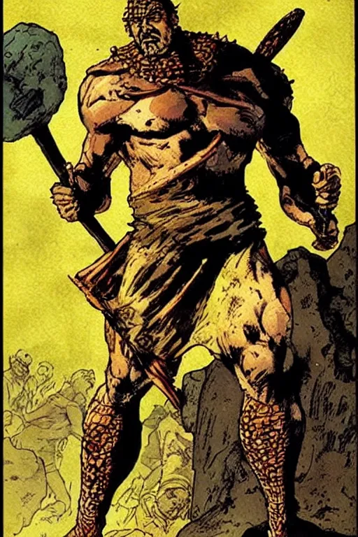 Prompt: ancient historically accurate depiction of the Bible Character Goliath of Gath, the Philistine warrior giant by frank miller